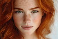 Close up portrait of young redhead woman with natural freckles, green eyes and gentle smile against neutral background, beauty and skincare concept.