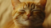 Smiling ginger cat with closed eyes showing contentment and happiness against warm beige background, expressing feline joy and relaxation in close-up portrait.