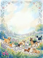 Watercolor dogs in a floral meadow with decorative botanical border and copy space, featuring various breeds in a soft pastel nature scene.