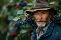Mature bearded farmer with weathered face and brown hat examining grape harvest in vineyard. Close up portrait shows authentic agricultural lifestyle.