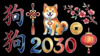 Cute lucky dog with Chinese characters, ornaments and 2030 numbers isolated on transparent background, ready for t-shirt design, stickers, clipart, print-on-demand products and sublimation projects.