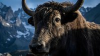 Dark yak with long horns standing in front of snow-capped mountain landscape. Wildlife and nature stock photo for travel, adventure, and animal-related projects.