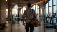 Athletic man walking through modern gym entrance carrying sports bag in upscale fitness center with large windows and contemporary design for wellness lifestyle.
