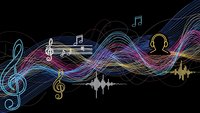 Colorful sound waves with musical notes and headphones on black background for audio production and music technology projects.