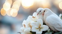 Two white doves perched on blooming lily flowers with soft golden bokeh lights creating romantic atmosphere for wedding and love concepts.