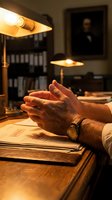 Elderly man's hands clasped in prayer over open book on wooden desk with warm lamp light in traditional study room with bookshelves and portrait.