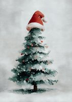 Watercolor Christmas tree with Santa hat on top, decorated with ornaments and falling snow against soft gray background for holiday designs.