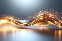 Glowing golden wave with sparkling particles flowing on reflective surface against dark background creates magical energy effect with light trails.
