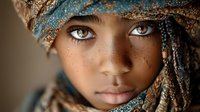 Young African woman with striking green eyes wearing ornate traditional headwrap with golden and turquoise fabric, close-up portrait showcasing cultural heritage.