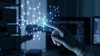 Hand touching glowing network connections with digital nodes and lines representing connectivity, technology innovation and data transfer concepts.