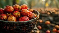 Fresh red nutmeg fruits in rustic wooden bowl against blurred bokeh background, moody natural lighting creates warm atmospheric food photography setting.