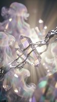 Abstract crystal cross pendant with iridescent rainbow reflections and bokeh lights creating spiritual jewelry concept for faith-based designs.