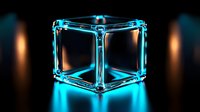 Glowing neon blue cube frame structure on dark background with reflection, geometric minimal design element for modern tech concepts and presentations.