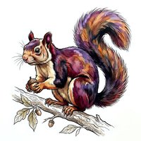 Colorful squirrel with fluffy tail perched on branch with leaves, isolated on white background, suitable for wildlife designs, children's illustrations, and nature-themed projects.
