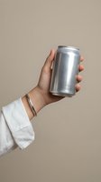 Hand holding blank aluminum can mockup on neutral beige background for beverage branding and packaging design projects.