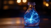 Glowing blue electric lightning trapped inside glass bottle on dark background with bokeh lights creates magical atmospheric composition.