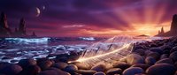 Alien planet seashore with purple sunset sky, rocky coastline and distant moons creating otherworldly landscape for science fiction concepts.