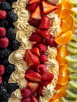 Fresh fruit and cream arrangement with rows of blackberries, raspberries, strawberries, mandarin oranges, and kiwi slices on whipped cream swirls, captured in vibrant detail.