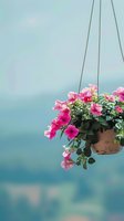 Pink petunias blooming in hanging terracotta pot against blurred blue sky background, creating serene garden atmosphere for spring and summer decor.