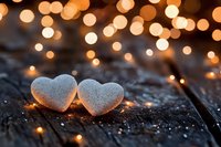 Two glittery silver hearts on rustic wooden surface with warm golden bokeh lights creating romantic atmosphere for Valentine's Day celebrations.