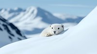 Curious polar bear peeking over snowy ridge against majestic arctic mountain landscape, showcasing natural wildlife behavior in pristine winter environment.