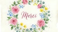 Watercolor floral wreath with pink roses, blue flowers and eucalyptus leaves featuring elegant Merci text for thank you cards and wedding stationery.