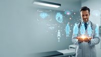 Professional male doctor in white coat with stethoscope using holographic medical technology interface in modern hospital room for healthcare innovation.