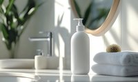 Minimalist bathroom counter with white dispenser bottle, folded towels and eco-friendly accessories in soft natural lighting. Modern spa and wellness concept.