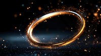 Glowing golden ring with sparkling particles and light effects on dark background, magical luminous circular trail for festive designs and celebrations.