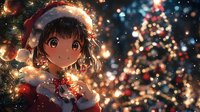 Anime girl in Santa hat surrounded by glowing Christmas lights and decorated trees, creating magical holiday atmosphere.