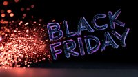 Glowing neon Black Friday text with sparkling red bokeh light effect on dark background, seasonal sale and retail marketing concept for advertising design.