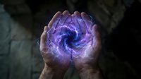 Hands holding glowing purple spiral energy vortex, mystical power concept for spiritual healing, magic, and supernatural themes.