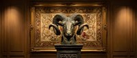 Ornate golden frame displays a classical ram head sculpture with curved horns against a cream damask background, flanked by warm wood paneling and accent lighting for luxury interior design.