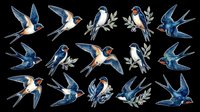 Swallows and swifts in flight with botanical accents, isolated on transparent background. Ready for t-shirt designs, clipart, stickers, sublimation, and print-on-demand products.