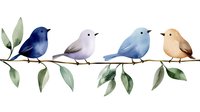 Watercolor birds sitting on branch with green leaves, seamless border pattern in pastel colors for nursery decor, stationery, and textile design.