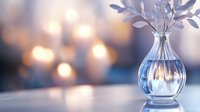 Elegant glass vase with decorative branches on table with warm bokeh lights background creating cozy home decor atmosphere for interior design projects.