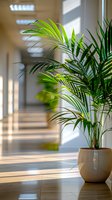 Lush green palm plant in white ceramic pot placed in sunny modern hallway with natural light streaming through windows creating dramatic shadows on floor.