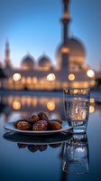 Fresh dates and water glass against illuminated mosque backdrop at dusk, with bokeh lights reflecting on glossy surface creating peaceful Ramadan ambiance.