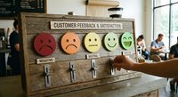 Customer feedback satisfaction survey board with colorful emoji faces from negative to positive rating system in modern cafe restaurant setting.