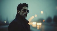Stylish man in dark coat and sunglasses against moody twilight cityscape with blurred bokeh lights creating atmospheric urban portrait.