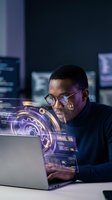 African American software engineer working with holographic interface technology in modern office environment for tech innovation projects.