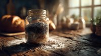 Glass jar with organic chia seeds on rustic wooden table in warm sunlight, kitchen setting with bread and herbs in background.