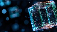 Glowing transparent cube with magical sparkles and bokeh lights on dark background. Crystal geometric shape emitting ethereal blue glow creates mystical atmosphere.