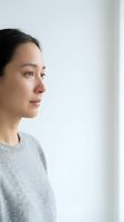Thoughtful Asian woman in gray sweater looking away in profile, contemplating future plans and goals in bright modern interior space.