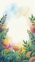 Watercolor floral frame with gold line art, colorful flowers and leaves on light background with copy space for text or design.