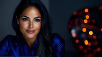 Young Hispanic woman with long dark hair wearing blue satin blouse smiling against dark background with blurred orange bokeh lights creating festive atmosphere.