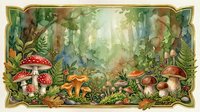 Enchanted woodland scene with various mushrooms and toadstools among lush ferns and foliage, featuring red and orange fungi in a mystical forest setting for fantasy and nature designs.