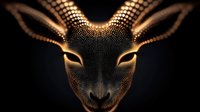 Glowing golden deer face made of illuminated dots and particles against dark background creates mystical wildlife art effect. Perfect for modern design projects.