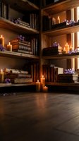 Cozy wooden bookshelf with vintage books, glowing candles and purple flowers creating warm atmospheric lighting for reading corner interior design.