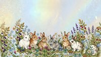 Cute rabbits and bunnies sitting in wildflower meadow with lavender and herbs. Isolated illustration on white background, ready for children's designs, nursery decor, and fabric prints.